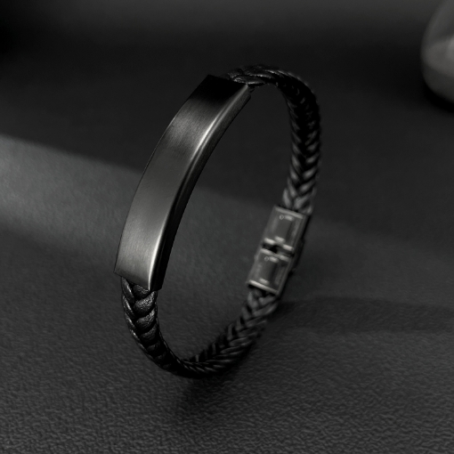 Picture of  Retro Black Stainless Steel Braided Leather Bracelet