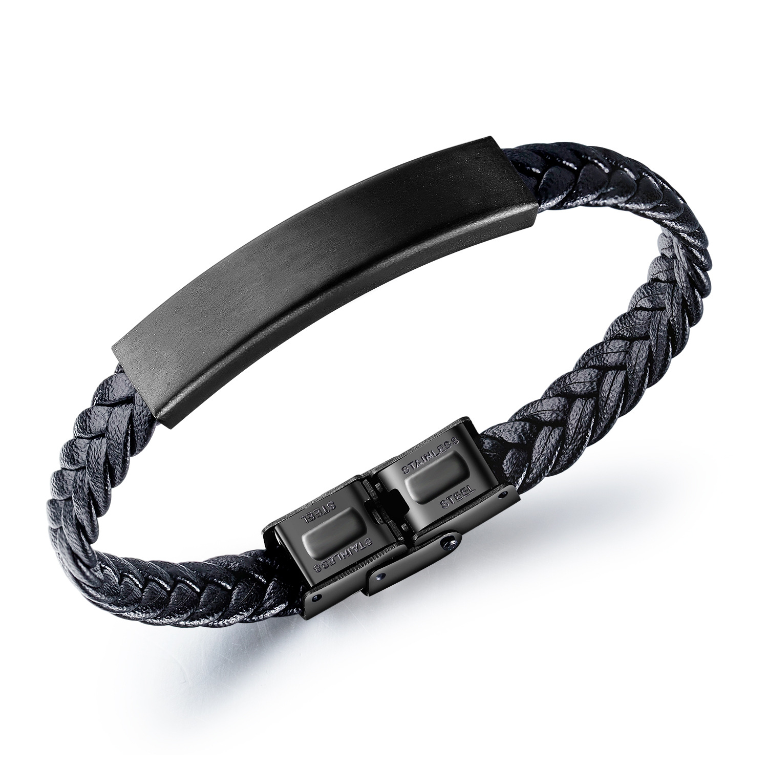 Metro Jewelry Navy Blue Braided Leather Bracelet For Men In Stainless